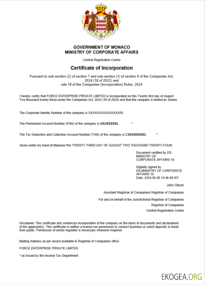 Modèle Word et PDF de certificat d'enregistrement d'entreprise à Monaco